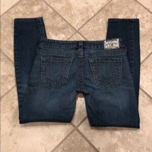 New vintage True Religion low rise skinny ankle crop distressed dark wash denim